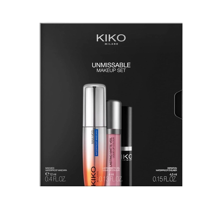 KIKO Milano Unmissable Makeup Set zestaw do makijażu 01 tusz do rzęs 12 ml + eyeliner 4,5 ml + pomadka 4 ml