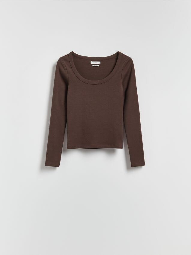 Reserved - Bawełniany longsleeve - ciemnobrązowy