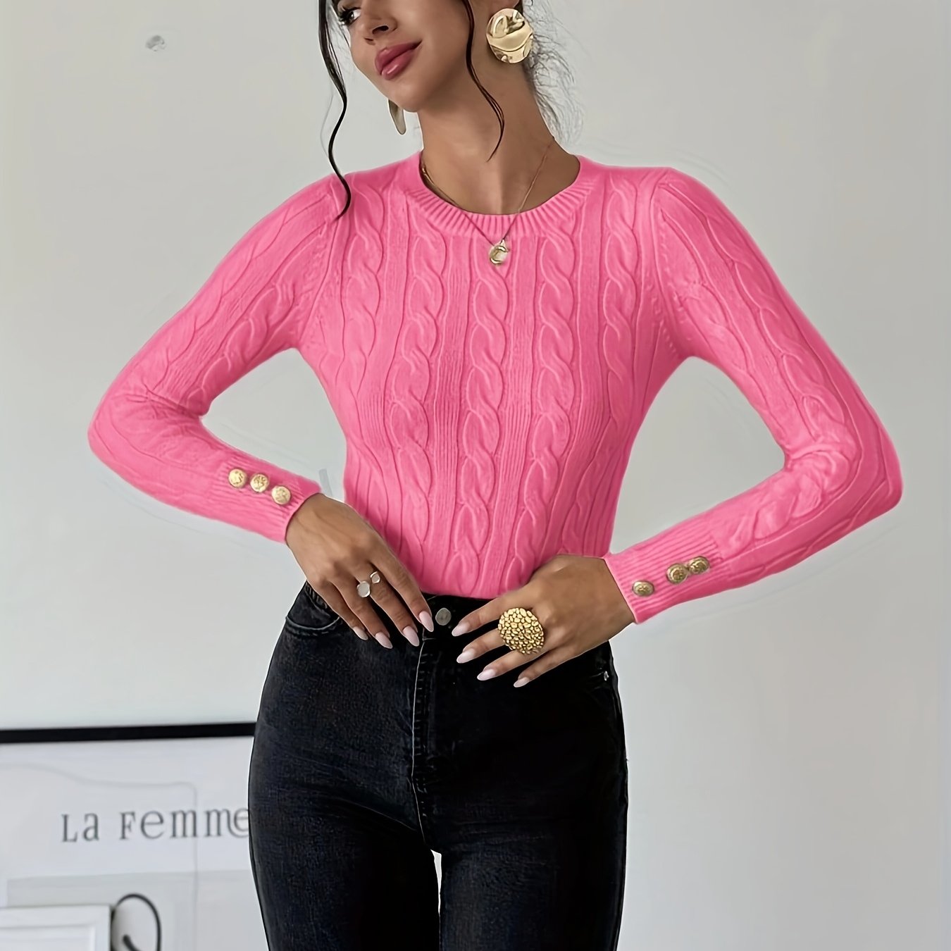 TEMU Elegancki sweter damski z dzianiny akrylowej, dopasowany krój, golf, długie rękawy, miękki, ciepły, nie mechacący się, modny top na każdą porę