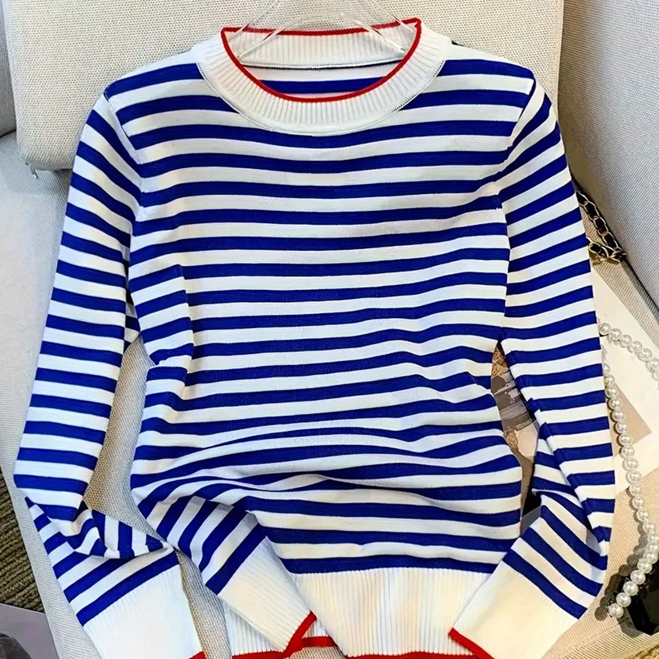 TEMU Damski sweter casualowy w paski - długi rękaw, okrągły dekolt, wysoka rozciągliwość, design w b kolorów, białe i niebieskie paski w pionie,