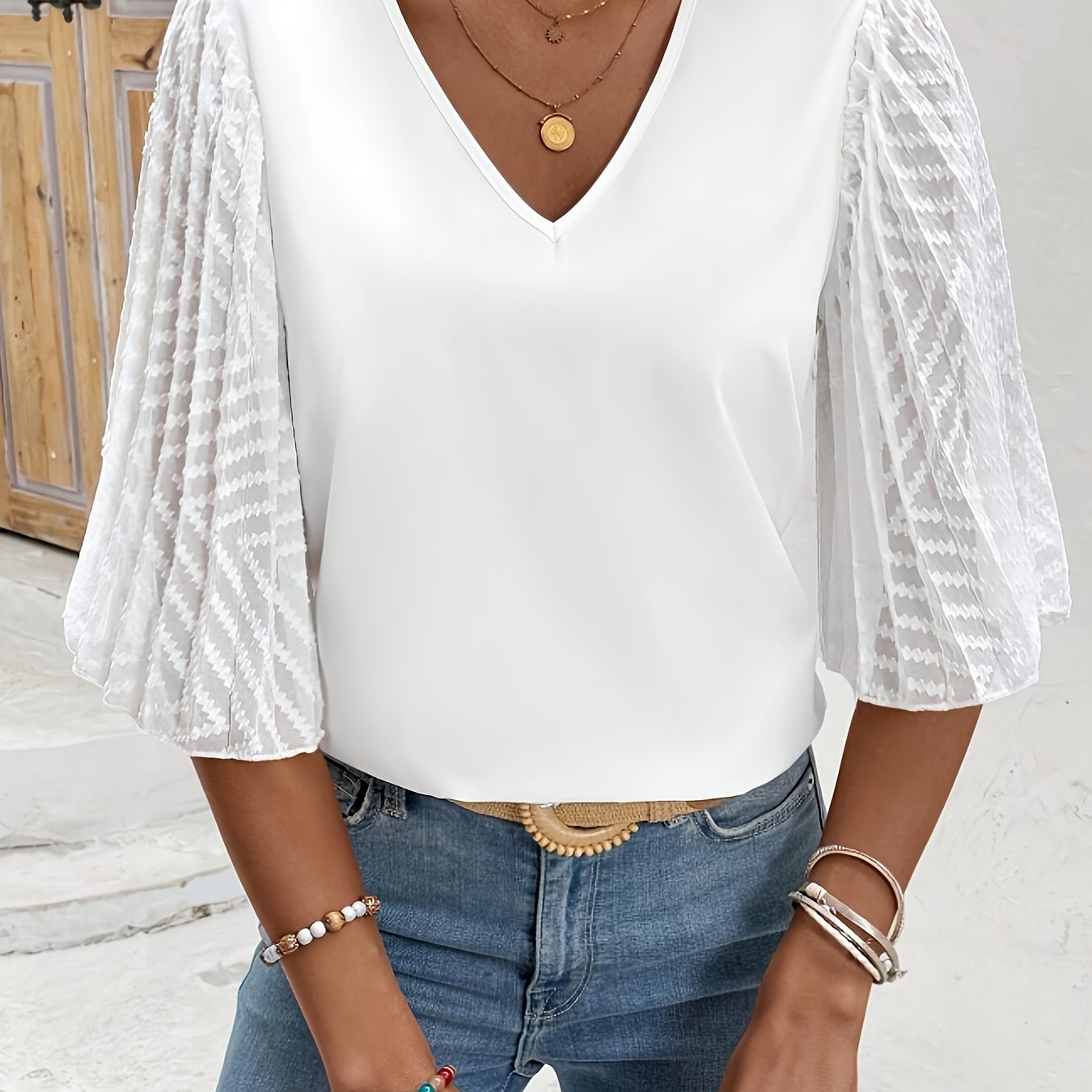 TEMU Bluzka Damska Elegancka z Dekoltem w Serek - Nieprzezroczysta, Luźny Krój, Rękawy Długie, Pranie Maszynowe, Codzienna i Formalna Koszula na