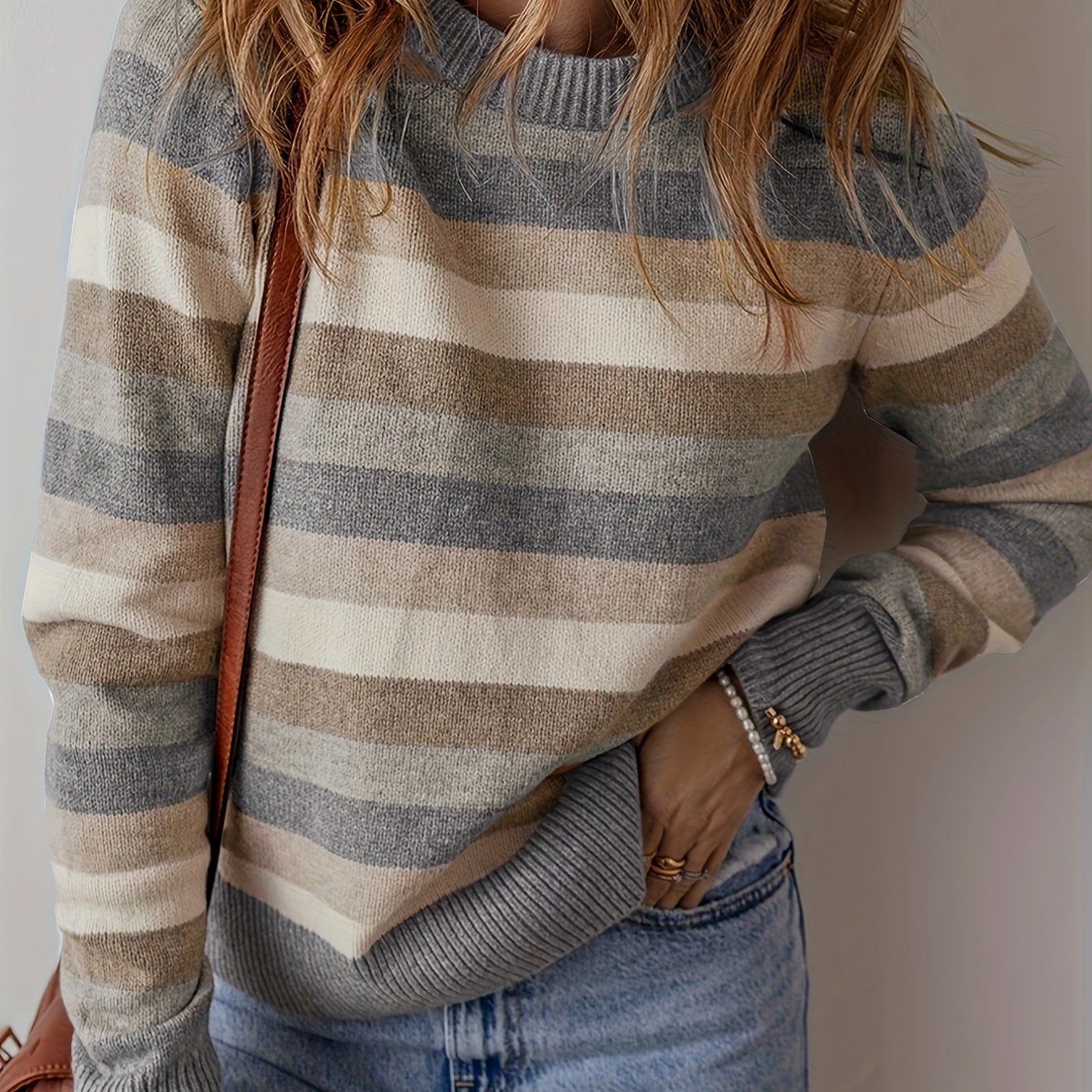 TEMU Sweter damski casualowy w szaro-paski z kolorowymi blokami, okrągły dekolt i żebrowane brzegi – średnio rozciągliwy pullover na każdą porę roku,