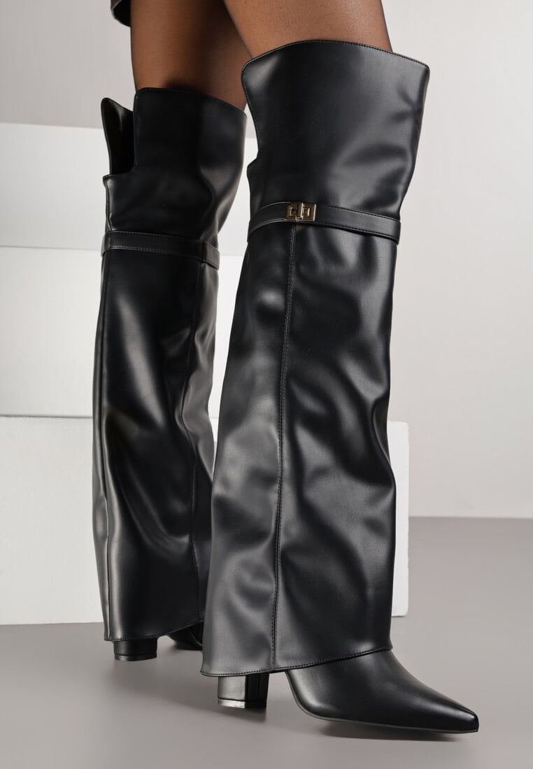 Czarne Wysokie Kozaki na Słupku z Wywiniętą Cholewką i Paskiem z Klamerką Zaffela