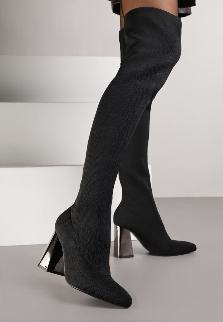 Czarne Skarpetkowe Kozaki Vices za Kolano na Słupkowym Metalicznym Obcasie Nelisela