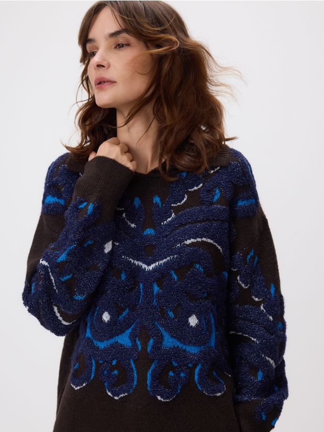 Reserved - Wzorzysty sweter z kołnierzykiem - wielobarwny