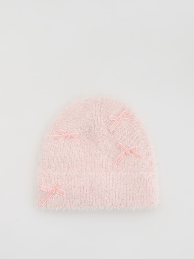 Reserved - Dzianinowa czapka z kokardkami - pastelowy róż