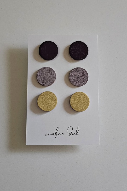 KoTrzy pary kolczyki koła skóra naturalna bananowe jagodowe bakłażanowe