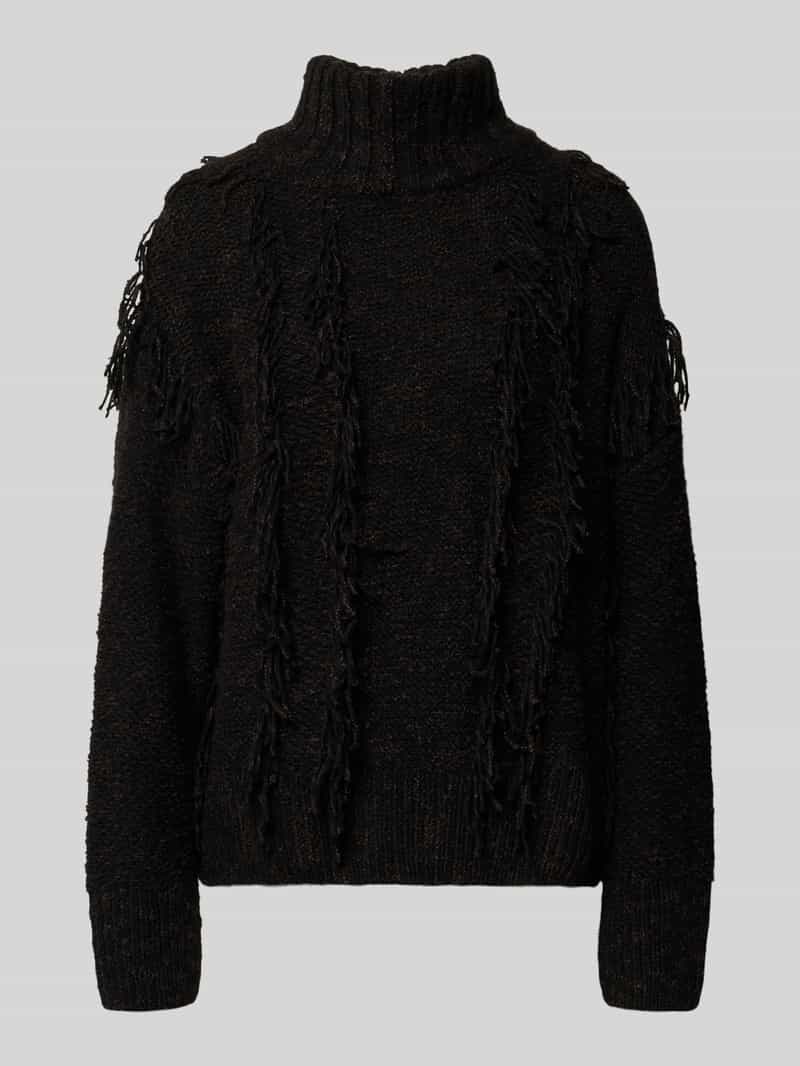 Sweter z dzianiny ze stójką i frędzlami