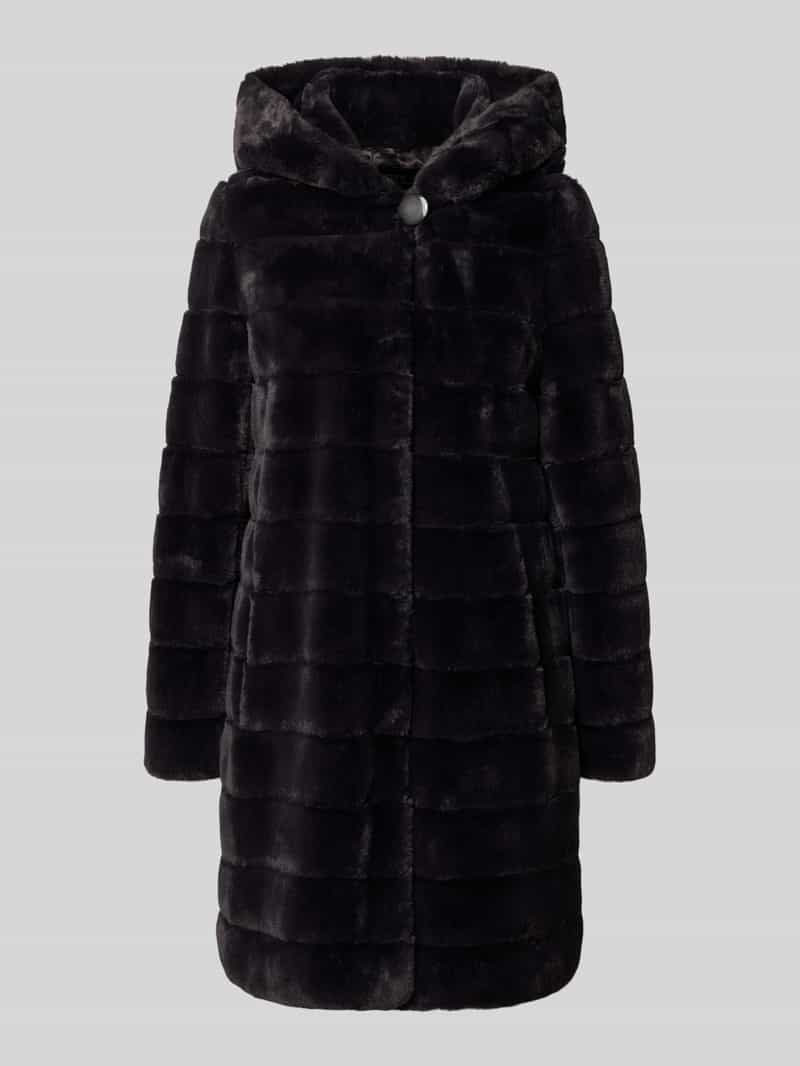 Płaszcz ze sztucznego futra z kapturem i wpuszczanymi kieszeniami