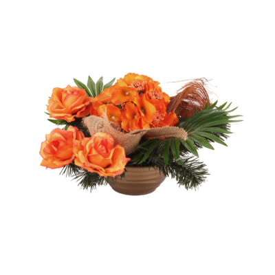Stroik dekorowany w misie z 4 różami 22 x 36 cm pomarańczowy