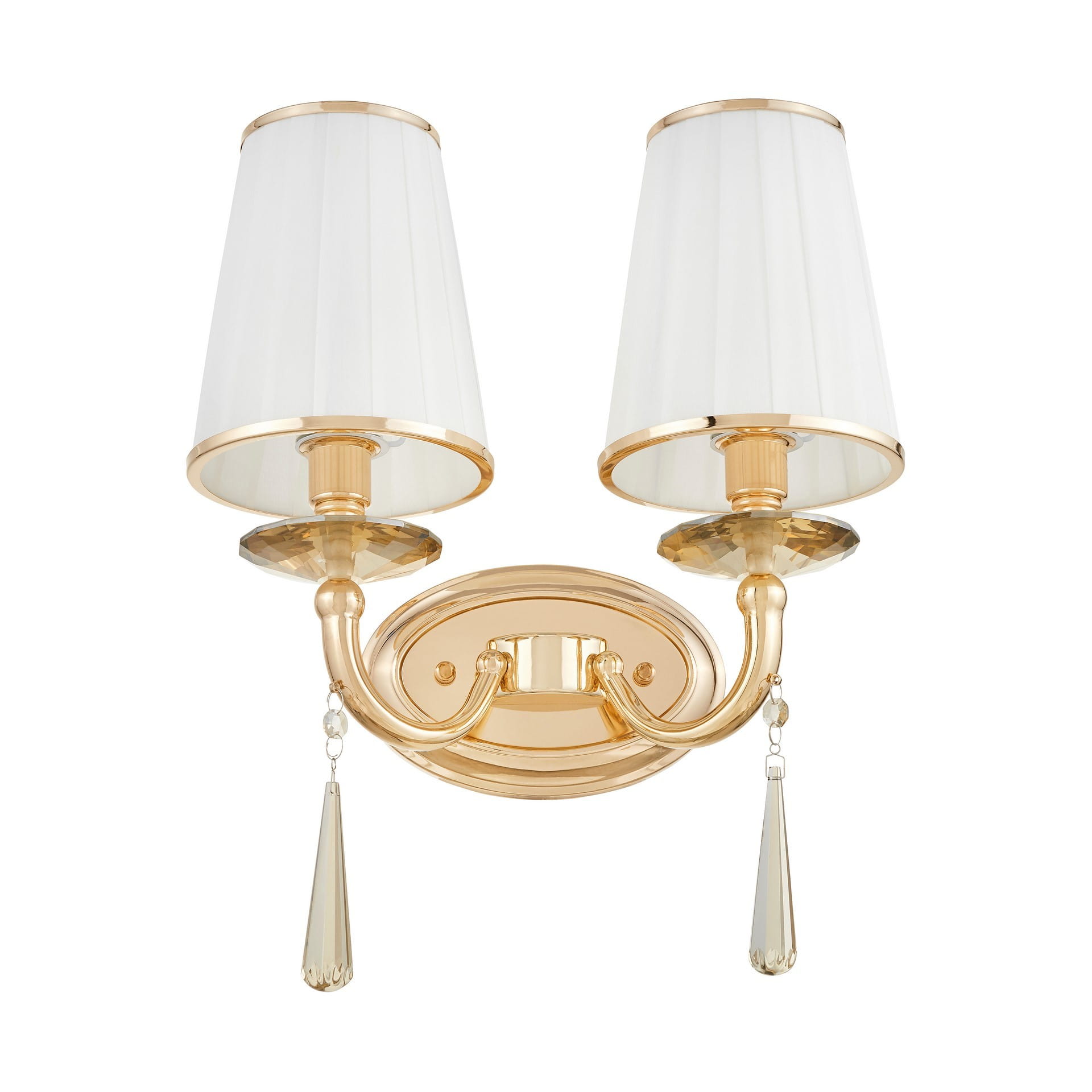 FABIONE W2 elegancki kinkiet złoty biały abażur zawieszka kryształowa 2xE14