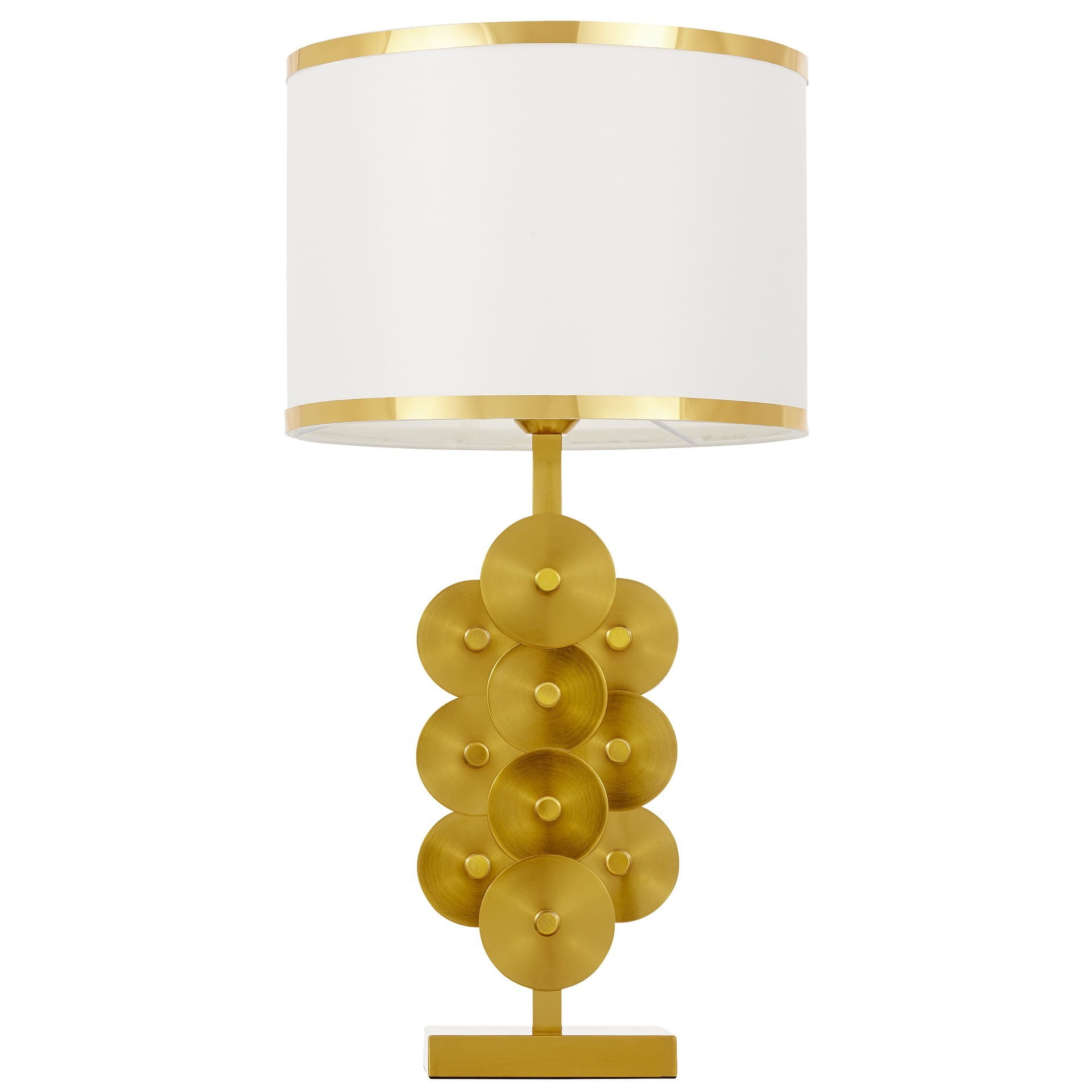 SALERNO nowoczesna lampa stołowa podstawa mosiądz abażur biały ze złotymi paskami E27