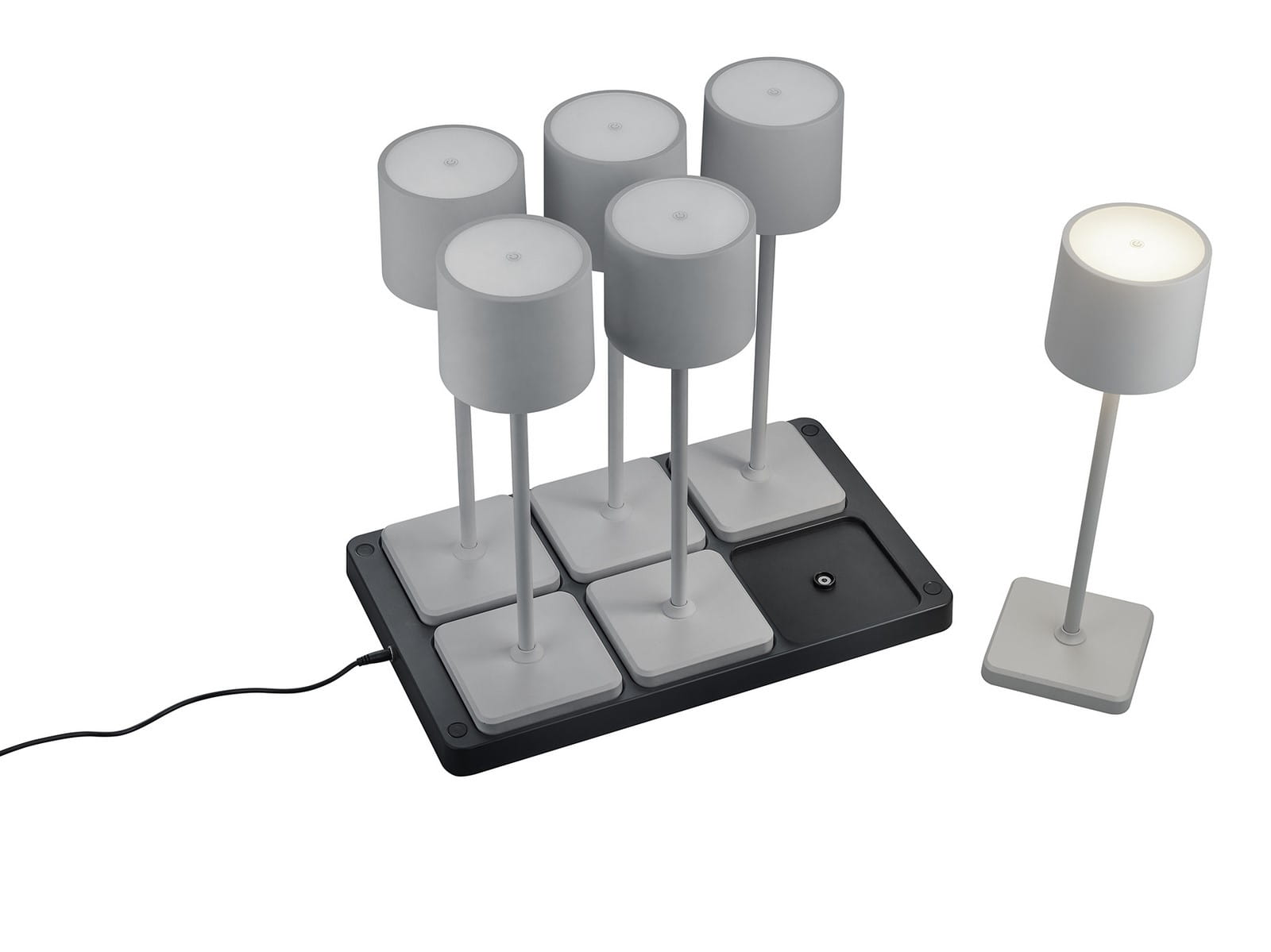 RL Light FERNANDEZ R54096677 zestaw 6 szt szarych lamp stolikowych LED 1,5W CCT IP54 ładowarka w komplecie