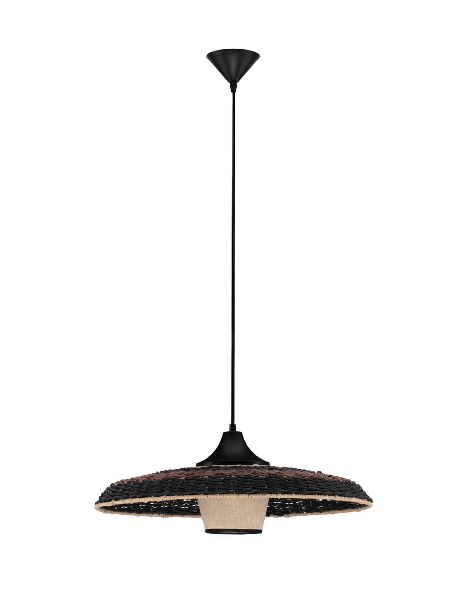 HUANUNI LE44574 Nowoczesna lampa wisząca z szerokim, płaskim abażurem z rattanu w odcieniach brązu i czerni
