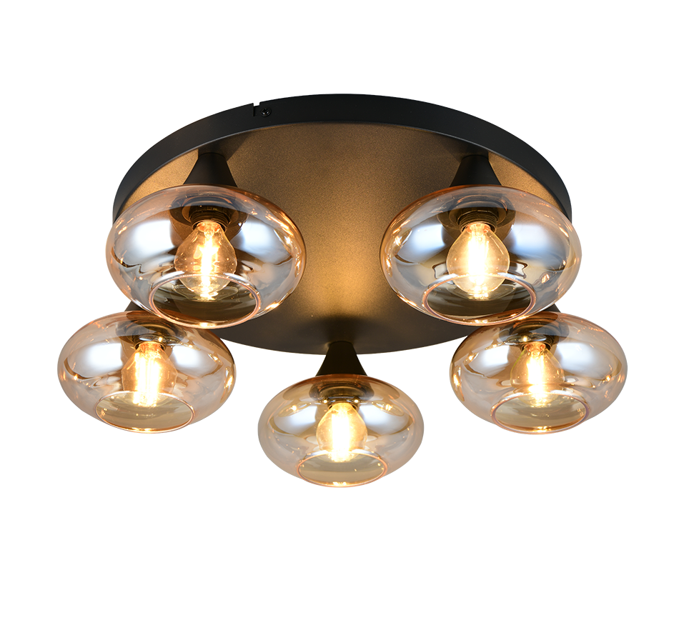 DIVINA R66645013 lampa sufitowa czarna z kloszami ze szkła bursztynowego 5xE14
