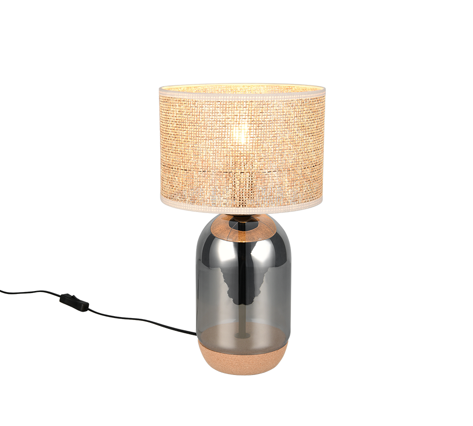 TARA 564990157 lampa stołowa podstawa dymione szkło i korek abażur z plecionej słomy fi 25cm 1xE27