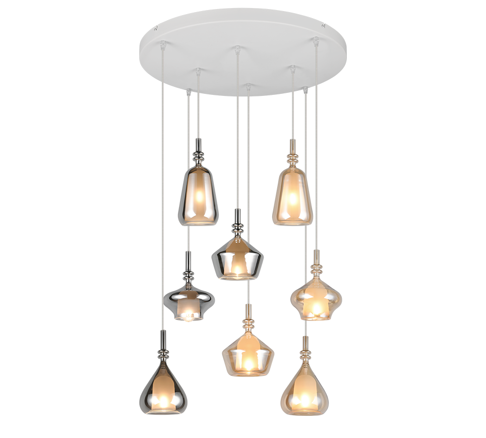 ALDEA 349430817 lampa wisząca kaskada różne klosze szkło chromowane i bursztynowe 8xE14 białe wykończenie