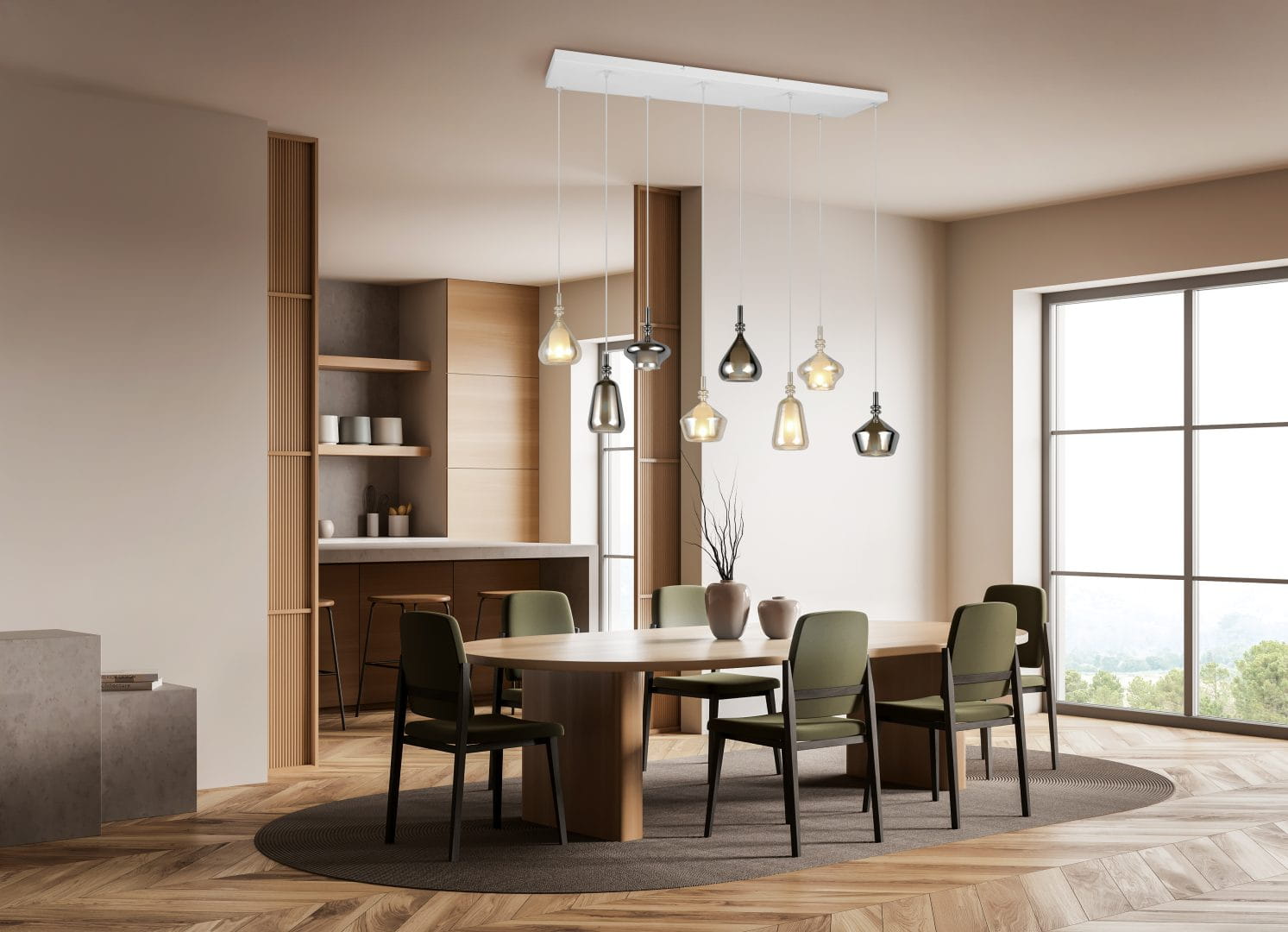 Trio ALDEA 349400817 lampa wisząca na listwie różne klosze szkło chromowane i bursztynowe 8xE14 białe wykończenie