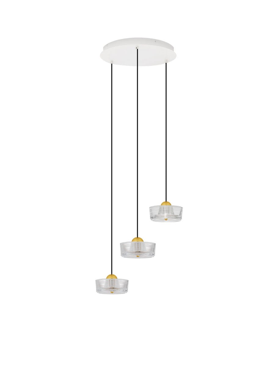 ESPINAR LE44498 Trzyramienna lampa wisząca LED o cylindrycznym kształcie z przezroczystym akrylowym kloszem i złotą oprawą Elegancka lampa do salonu