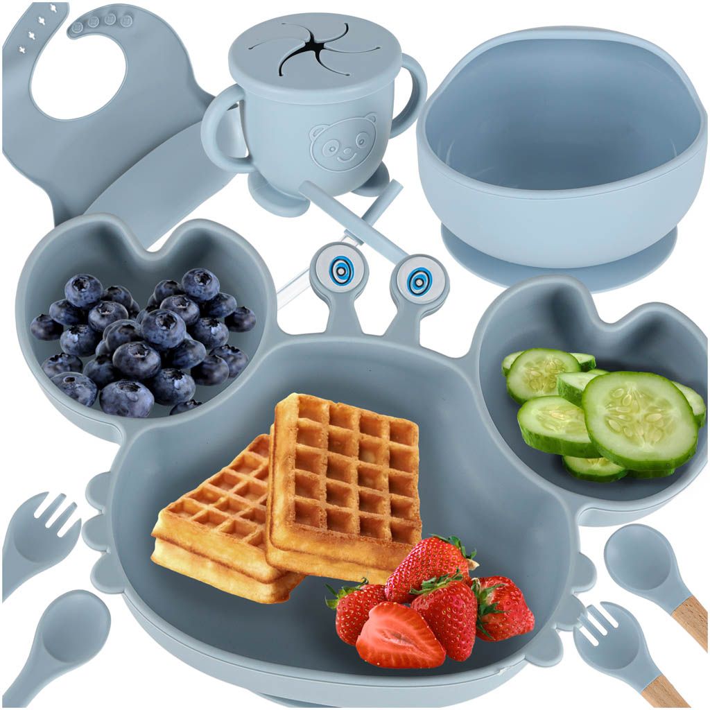 Naczynia silikonowe dla dzieci niemowląt krab zestaw niebieskie 9 el.