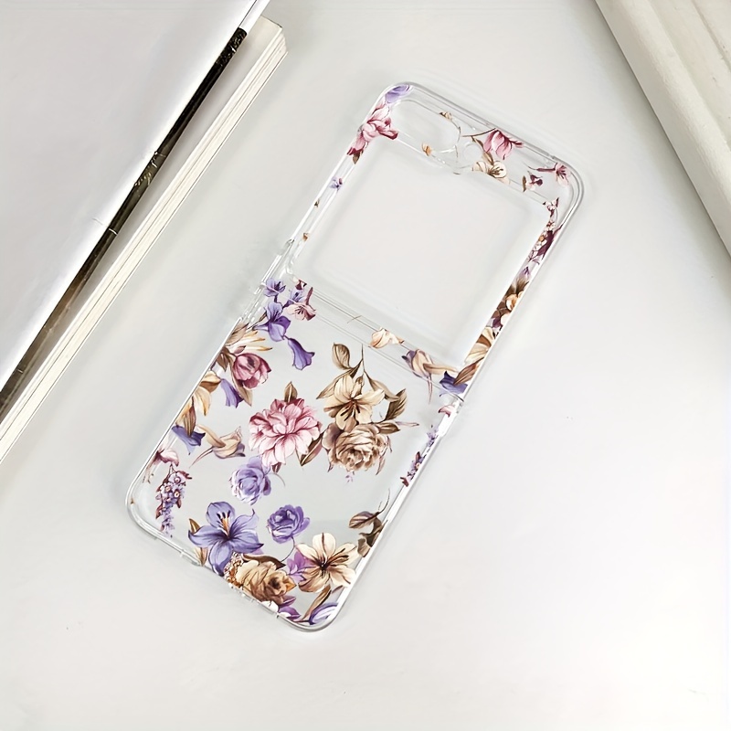 TEMU Do Samsung Galaxy Przezroczyste Etui na Telefon Komórkowy PC Twarde Cienkie Odporne Na Wstrząsy Z Flip 5 5G Modny Fioletowy Wzór Kwiatowy