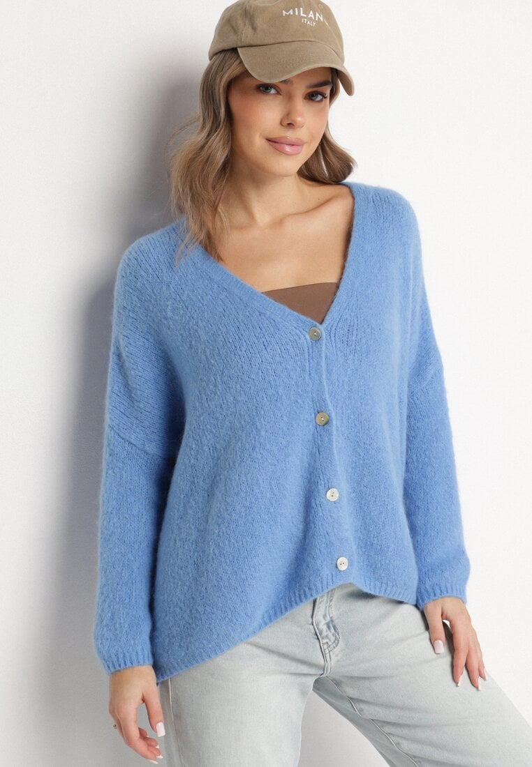 Niebieski Kardigan z Dekoltem w Serek z Dzianiny z Wełną i Moherem Lismio