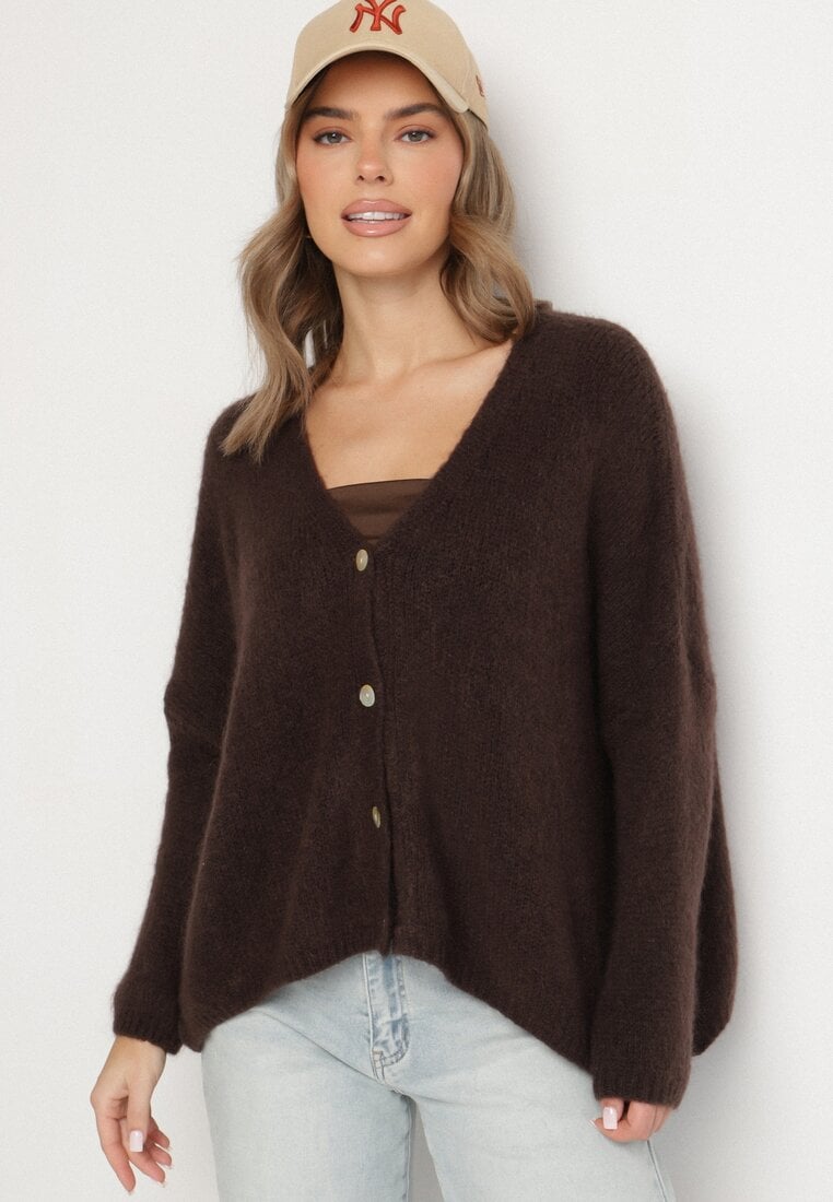 Brązowy Kardigan z Dekoltem w Serek z Dzianiny z Wełną i Moherem Lismio