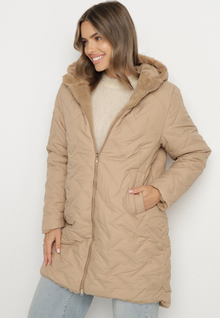 Ciemnobeżowa Długa Kurtka Dwustronna z Pikowanymi Przeszyciami i Kapturem Olidia