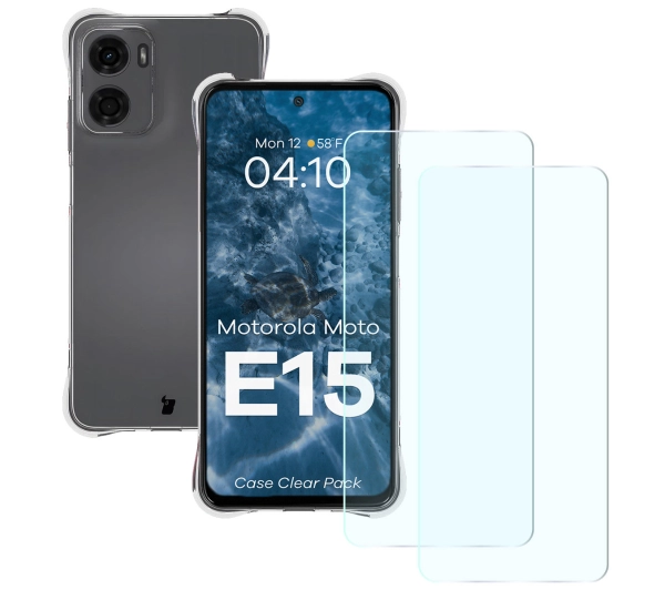Bizon Elastyczne etui + 2x szkło hartowane Case Clear Pack do Motorola Moto E15