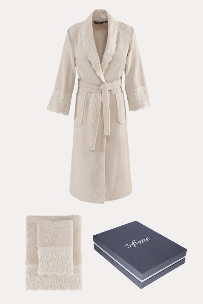 Damski szlafrok MAYA + ręczniki + pudełko XL Jasnobeżowy