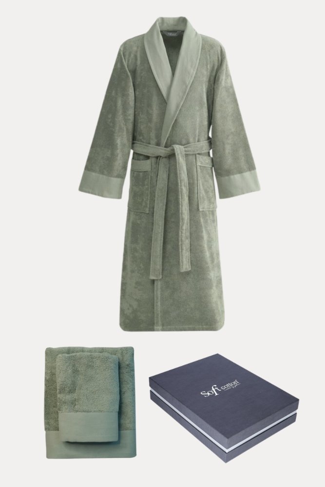 Męski szlafrok AXEL + ręczniki + pudełko XL Khaki