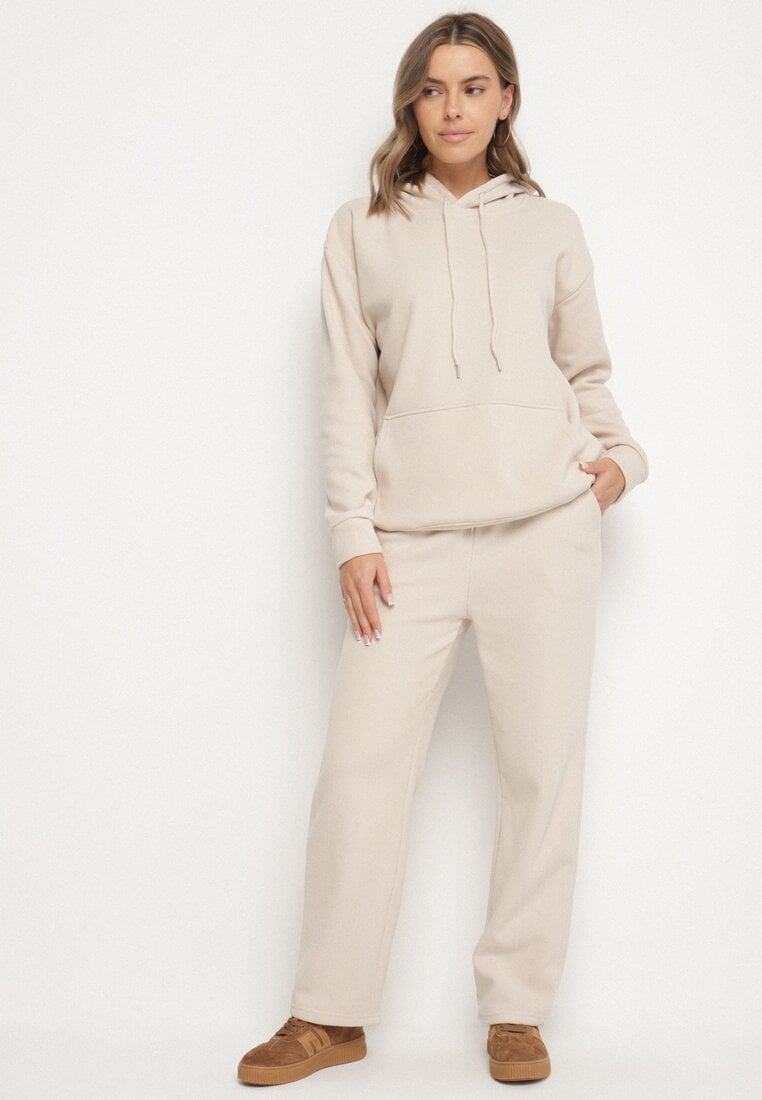 Beżowy Bawełniany Komplet Dresowy z Bluzą i Spodniami Zansira