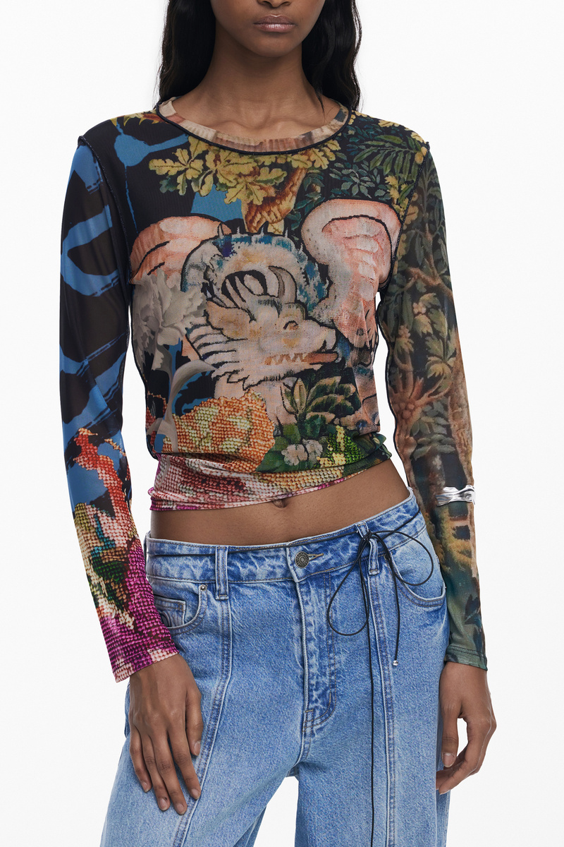 DAMSKI T-SHIRT Z DŁUGIM RĘKAWEM DESIGUAL W KOLORZE CZARNYM