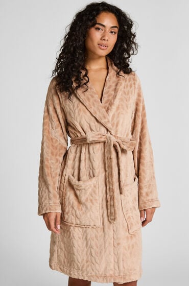 Hunkemöller Krótki szlafrok flanelowy Beżowy