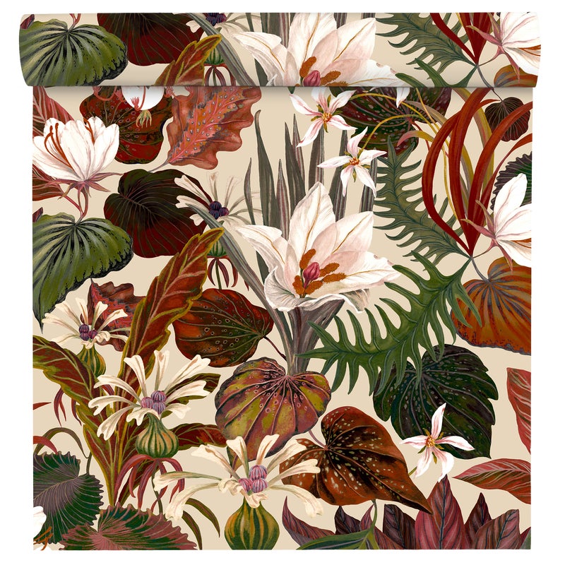 Tapeta Tropikalna Liście brązowo-beżowy winylowa na flizelinie