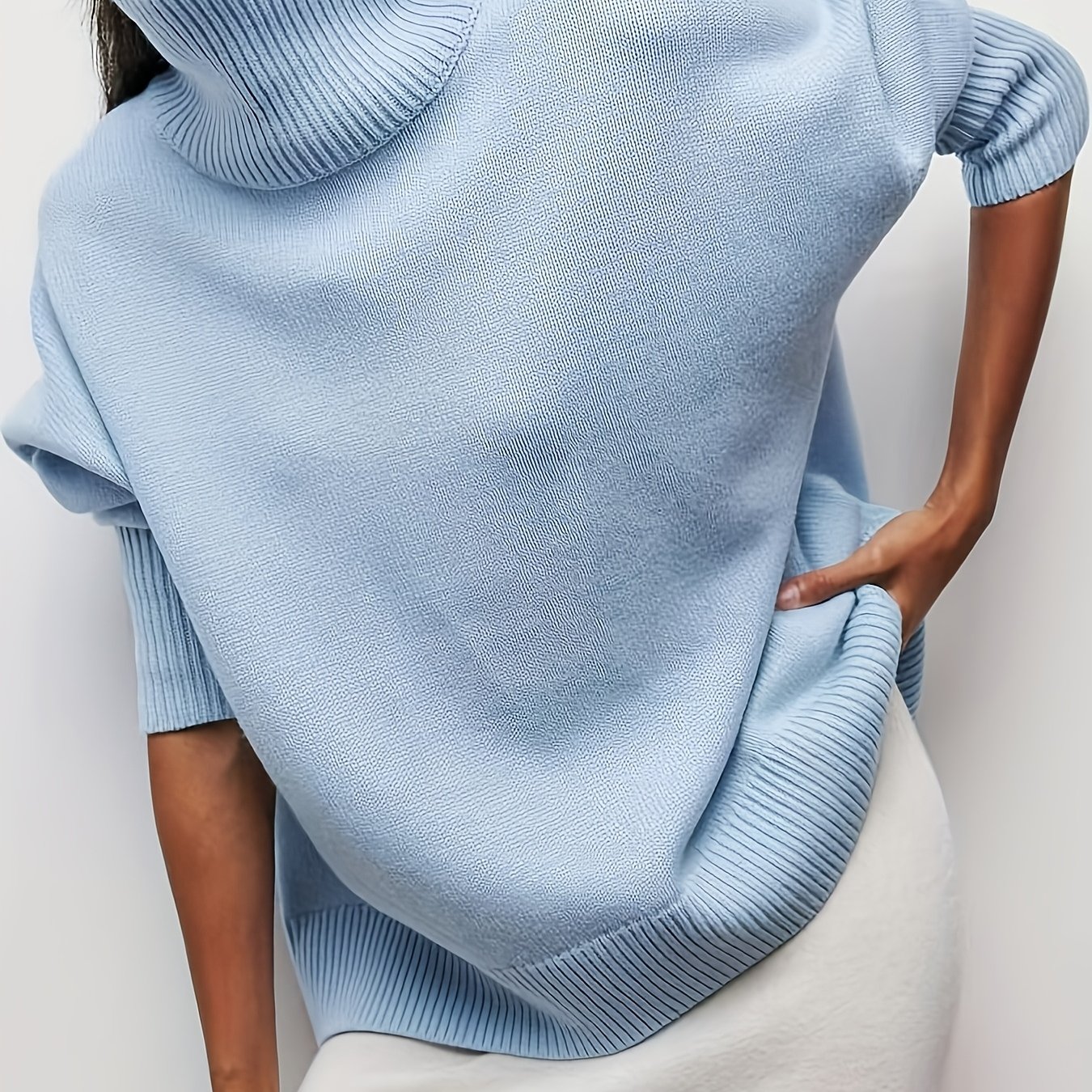 TEMU Sweter Damski z Wysokim Kołnierzem - Miękka Pastelowa Niebieska, Długie Rękawy na Jesień/Zimę, Biuro, Impreza, Codzienne Stylizacje - Luźny