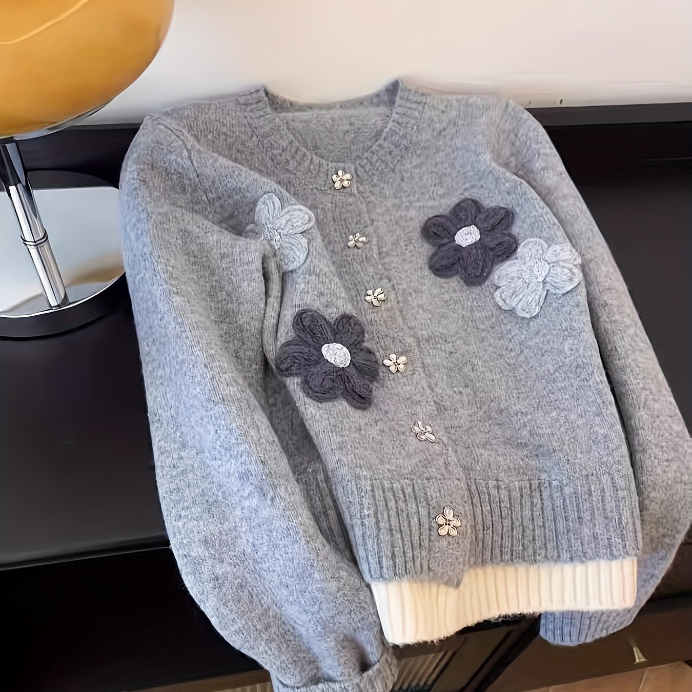 TEMU Kardigan Damski Elegancki z Rękawami - Dwukolorowy Design, Okrągły Dekolt, 100% Poliester, Pranie Maszynowe, Średnia Elastyczność, Niezbędnik do