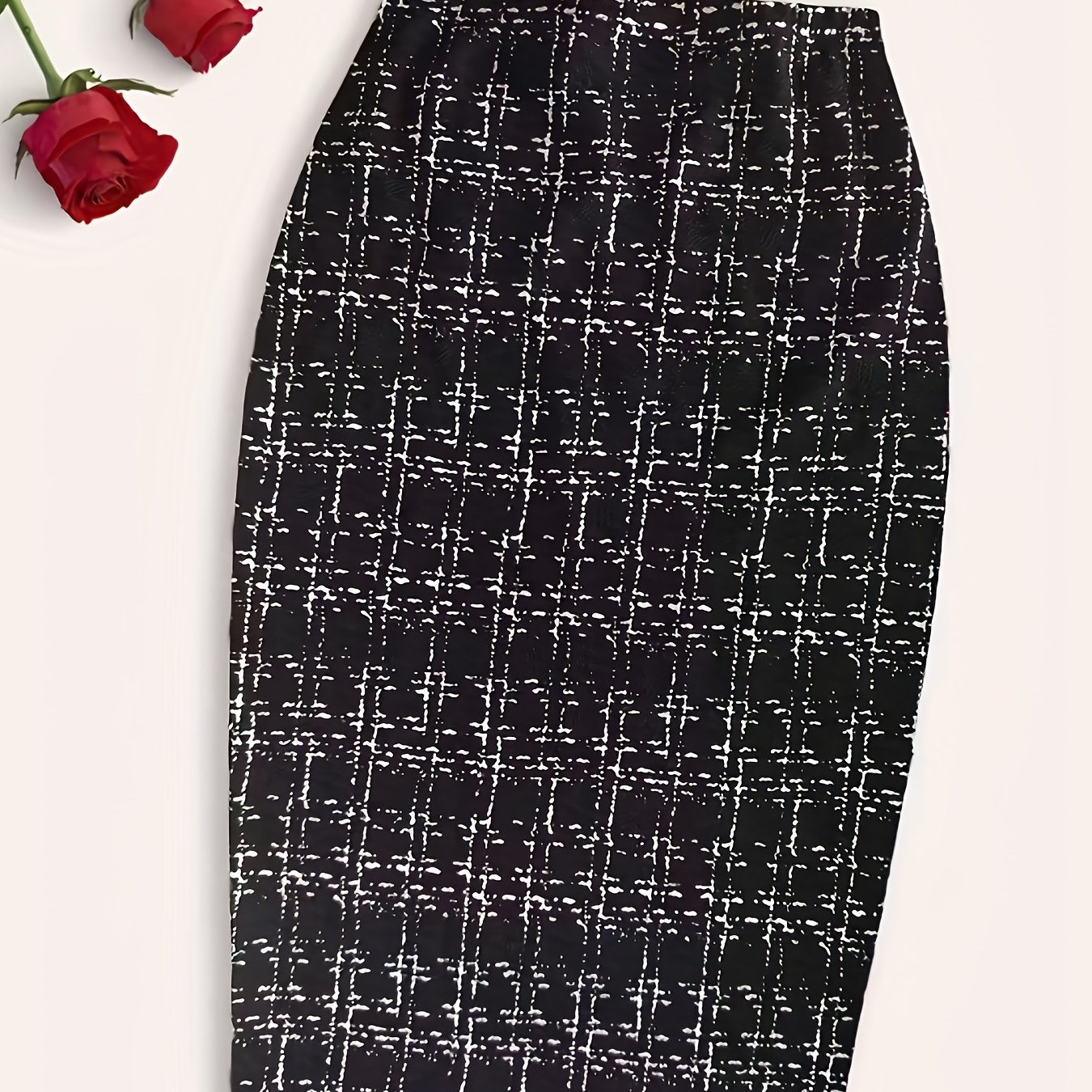 TEMU Damska sukienka z wysokim stanem i obcisłymi nogawkami - Elegancki wzór w kratę do kolan, całoroczna do formalnych i codziennych stylizacji, do