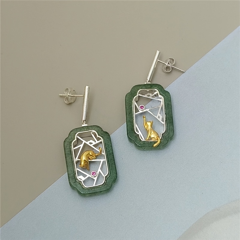 TEMU Para uroczych, nowych kolczyków w chińskim stylu z uszkami, wykwintny kwiatowy wzór okna, eleganckie i luksusowe kolczyki z motywem kota A48.