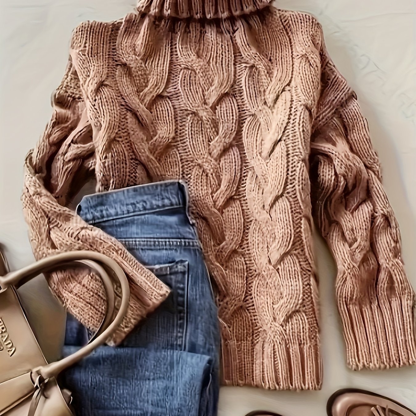 TEMU Sweter z Wysokim Kołnierzem dla Kobiet - Elegancki, Długie Rękawy, Tekstura Żebrowana, Jednolity , Idealny na Jesień/Zimę, Stylowy Element