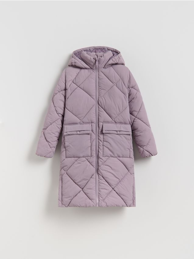 Reserved - Długi pikowany płaszcz z kapturem - lawendowy
