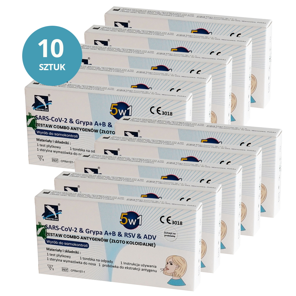 Deepblue 5w1, zestaw Combo antygenów, SARS-CoV-2 & Grypa A/B & RSV & ADV, test diagnostyczny na obecność 5 wirusów, 10 sztuk