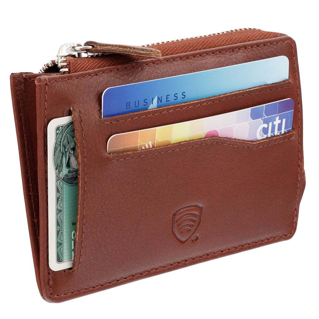 Mały skórzany portfel na karty zamykany na zamek (Brązowy)