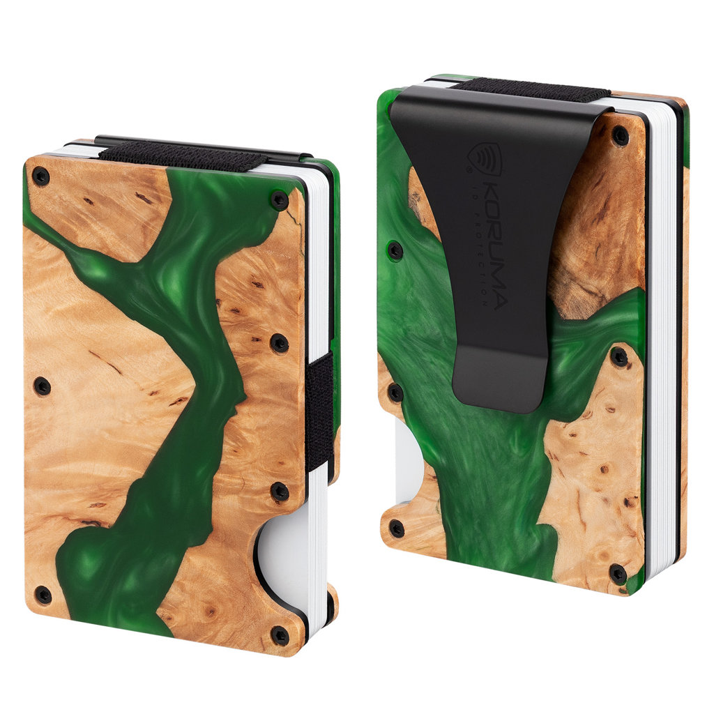 Aluminiowe etui z klipsem na karty kredytowe (drewno + zielona żywica)