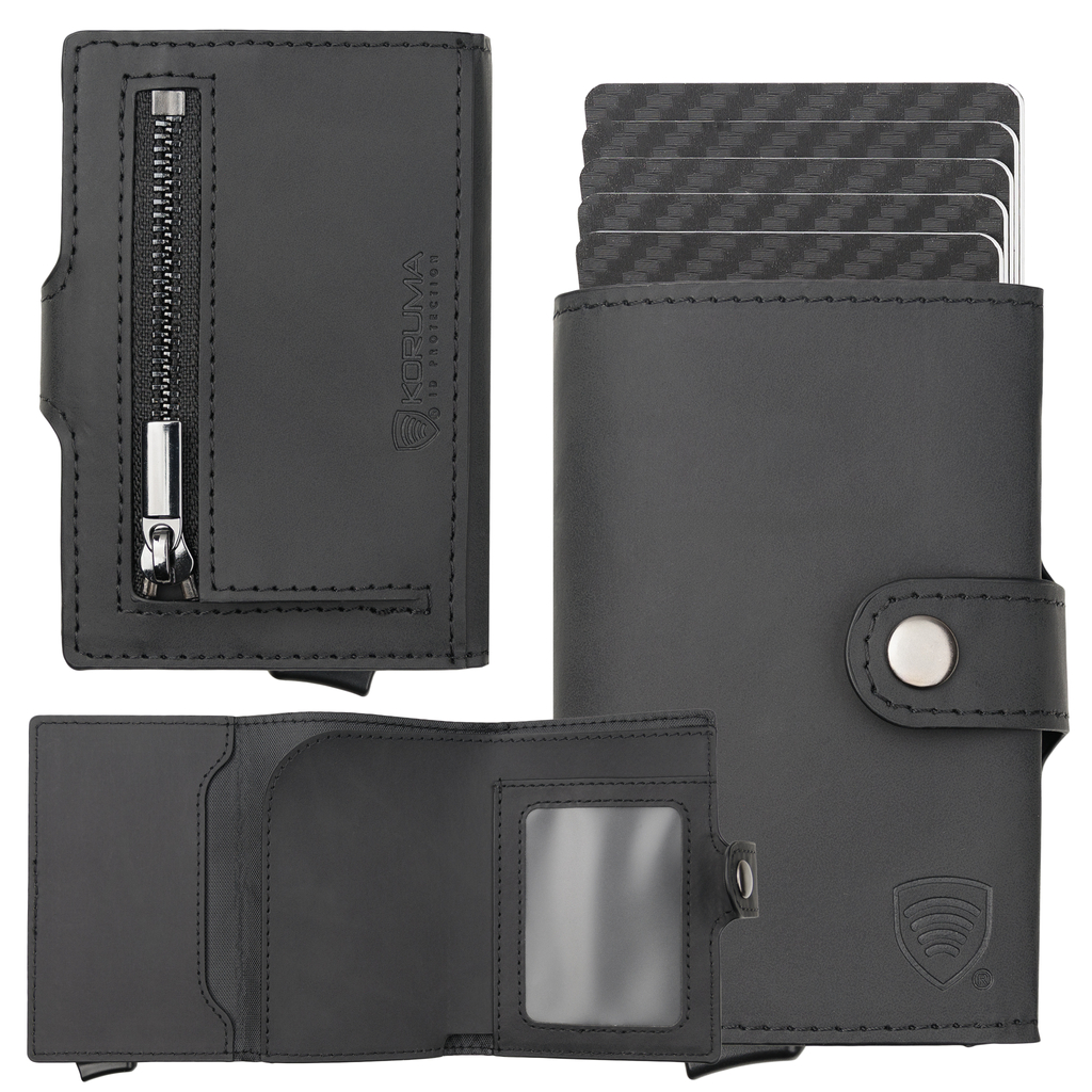 Portfel męski z kieszenią na bilon oraz aluminiowym etui z wysuwanymi kartami (czarny)
