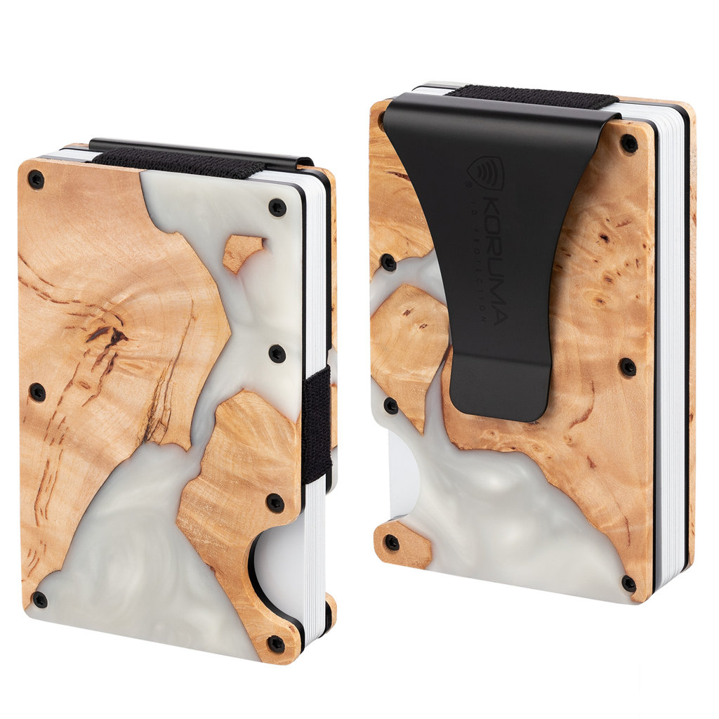 Aluminiowe etui z klipsem na karty kredytowe (drewno + biała żywica)