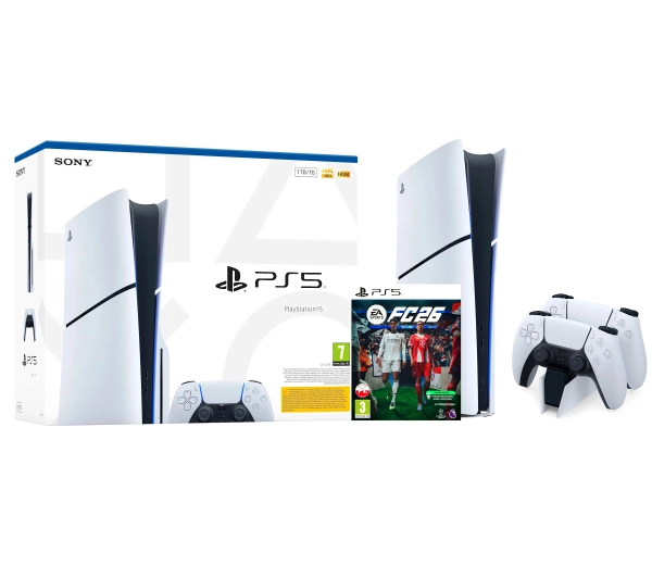 Sony PlayStation 5 Slim E Chassis PS5 1TB z napędem + Dodatkowy Pad + Stacja Ładowania DualSense + EA SPORTS FC 26