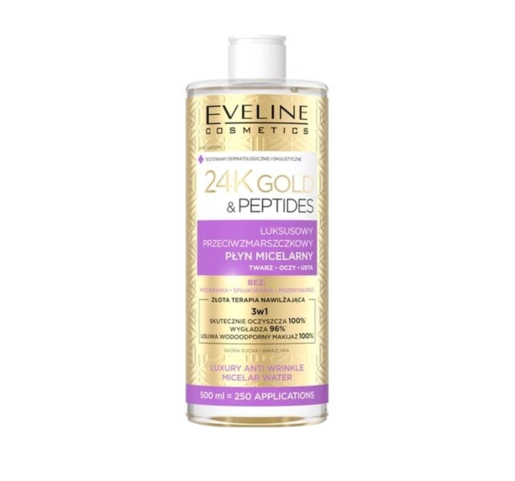 Eveline Cosmetics 24K Gold & Peptides Złota Terapia Nawilżająca 3w1 przeciwzmarszczkowy płyn micelarny 500 ml