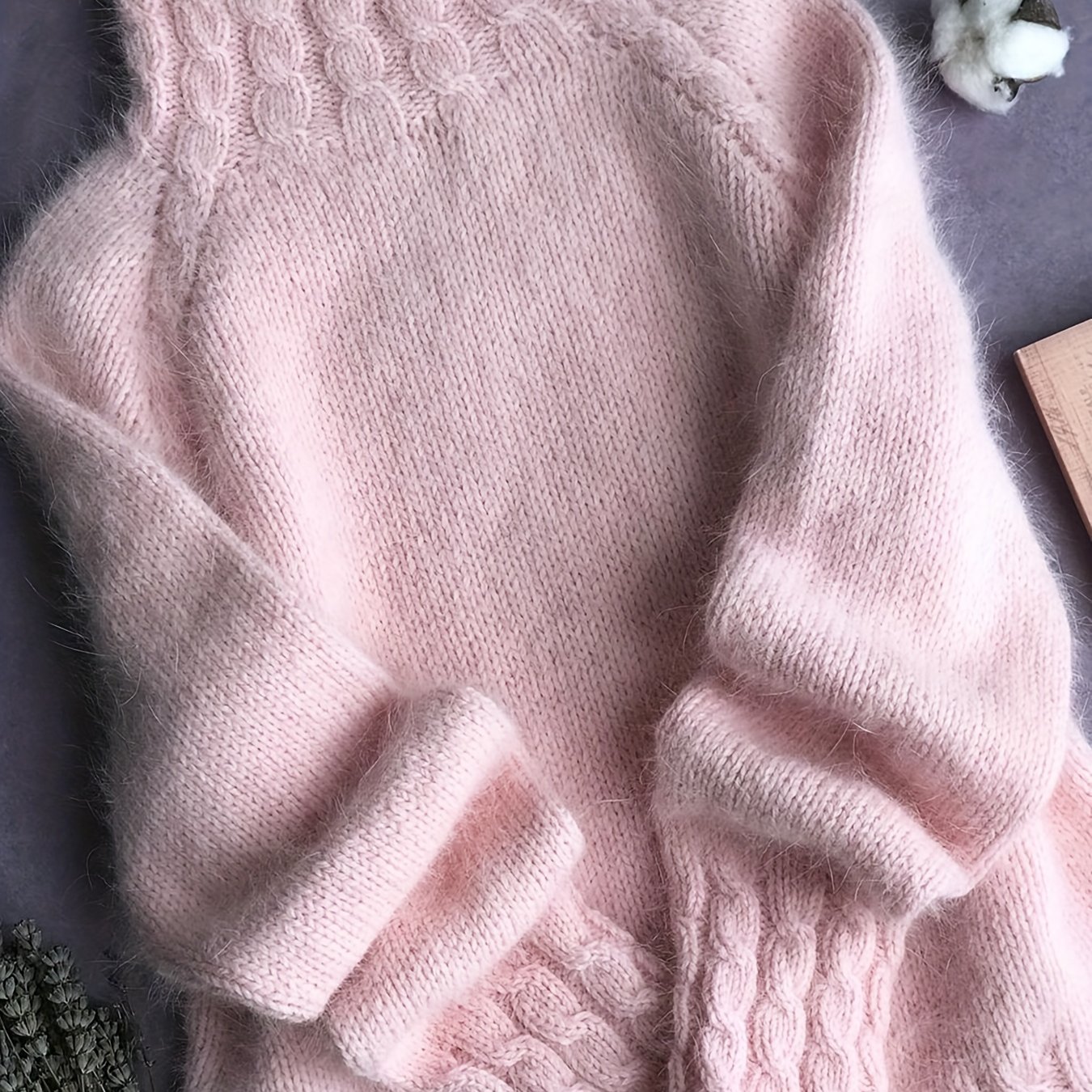 TEMU Sweter z Wysokim Dekoltem dla Kobiet - Miękki Różowy, Długi Rękaw, Żebrowana Tekstura, Casualowy Styl, Idealny na Jesień i Zimę, Przytulny