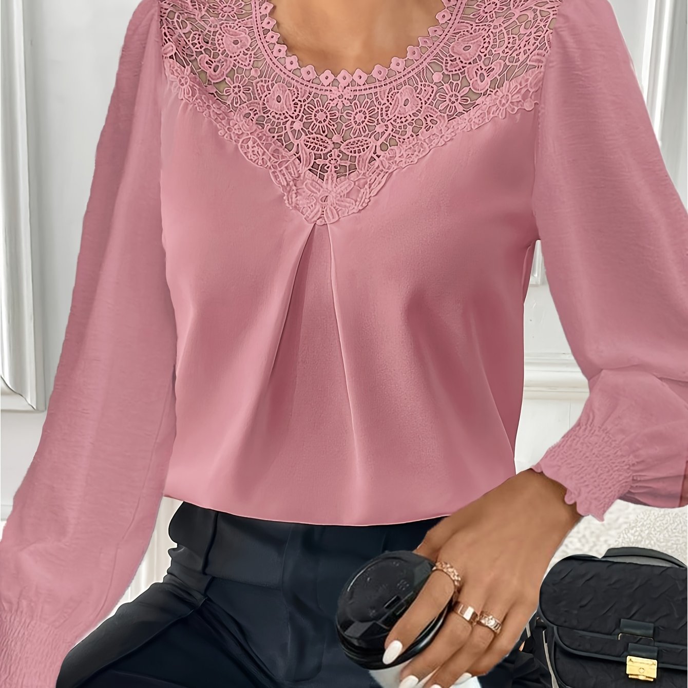 TEMU Bluzka Damska Elegancka z Długim Rękawem - Kolorowe Koronkowe Płatki i Jednolity , Okrągły Dekolt Nieprześwitująca Koszula, Pranie Maszynowe na